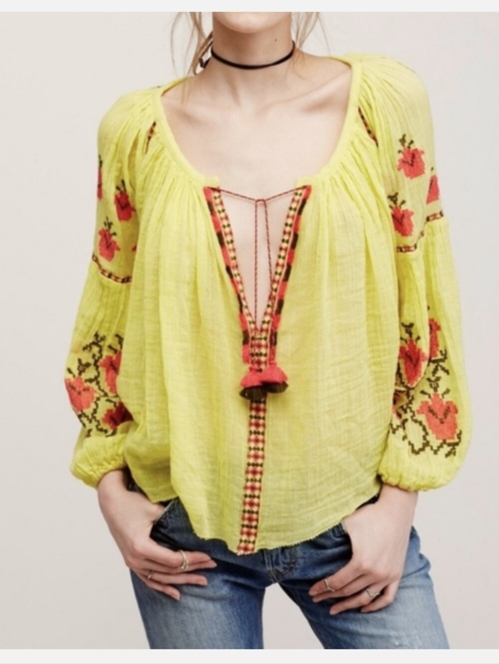 Free People One Marishka Gauzy Embroidered Balloon Sleeve Tie Front Top